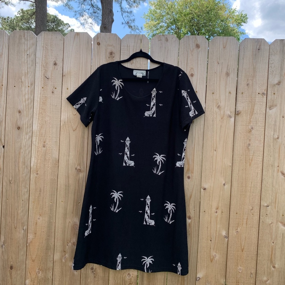 Vintage lighthouse maxi dress invite black white seagulls large palm tree summer